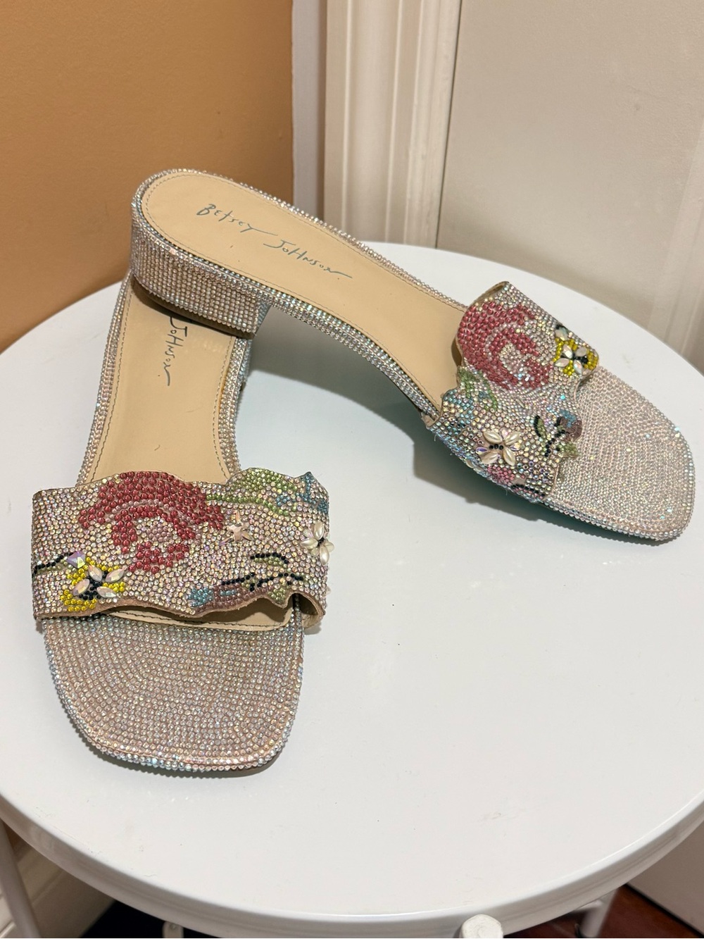 Betsey Johnson Champagne Crystal Floral Slide Mules